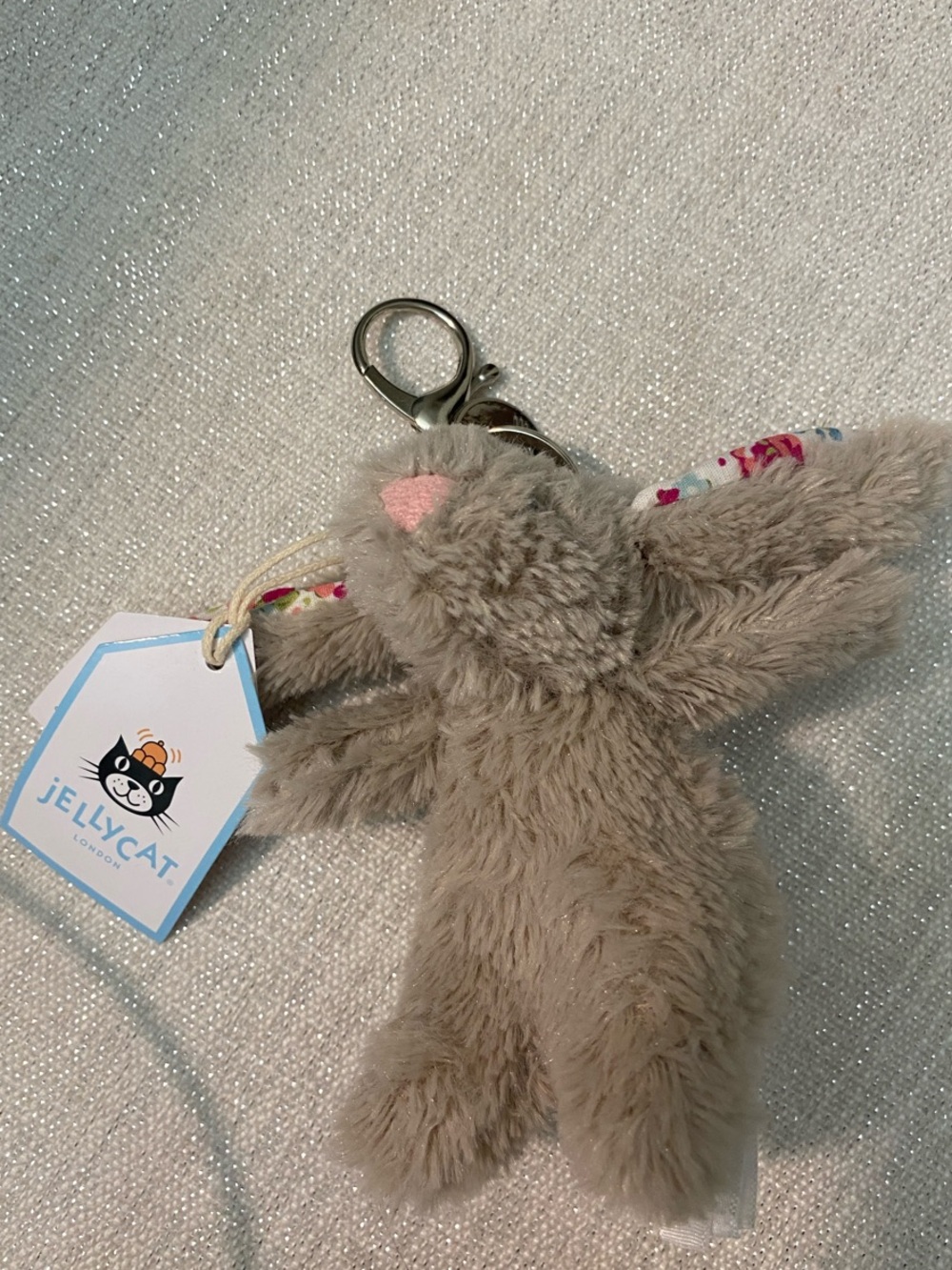 Jellycat Grey Bunny Keyring with Pink Nose and Floral Inner Ears